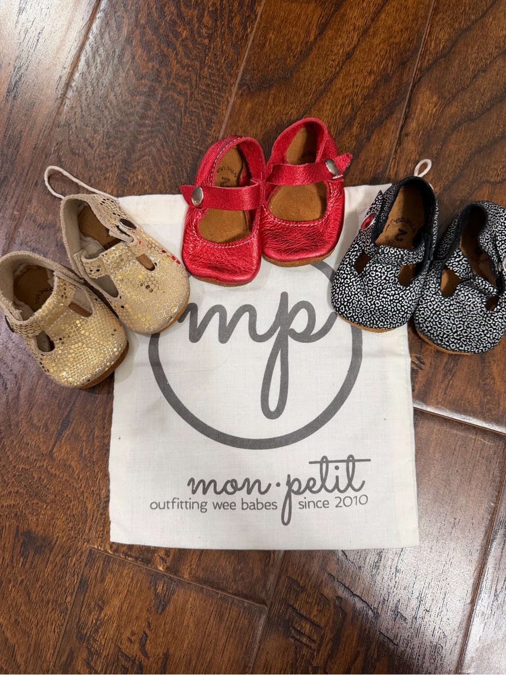 Mon Petit 3 Pair Baby Girl Handmade Mary Jane & T Strap Soft Soled Shoes Size 2